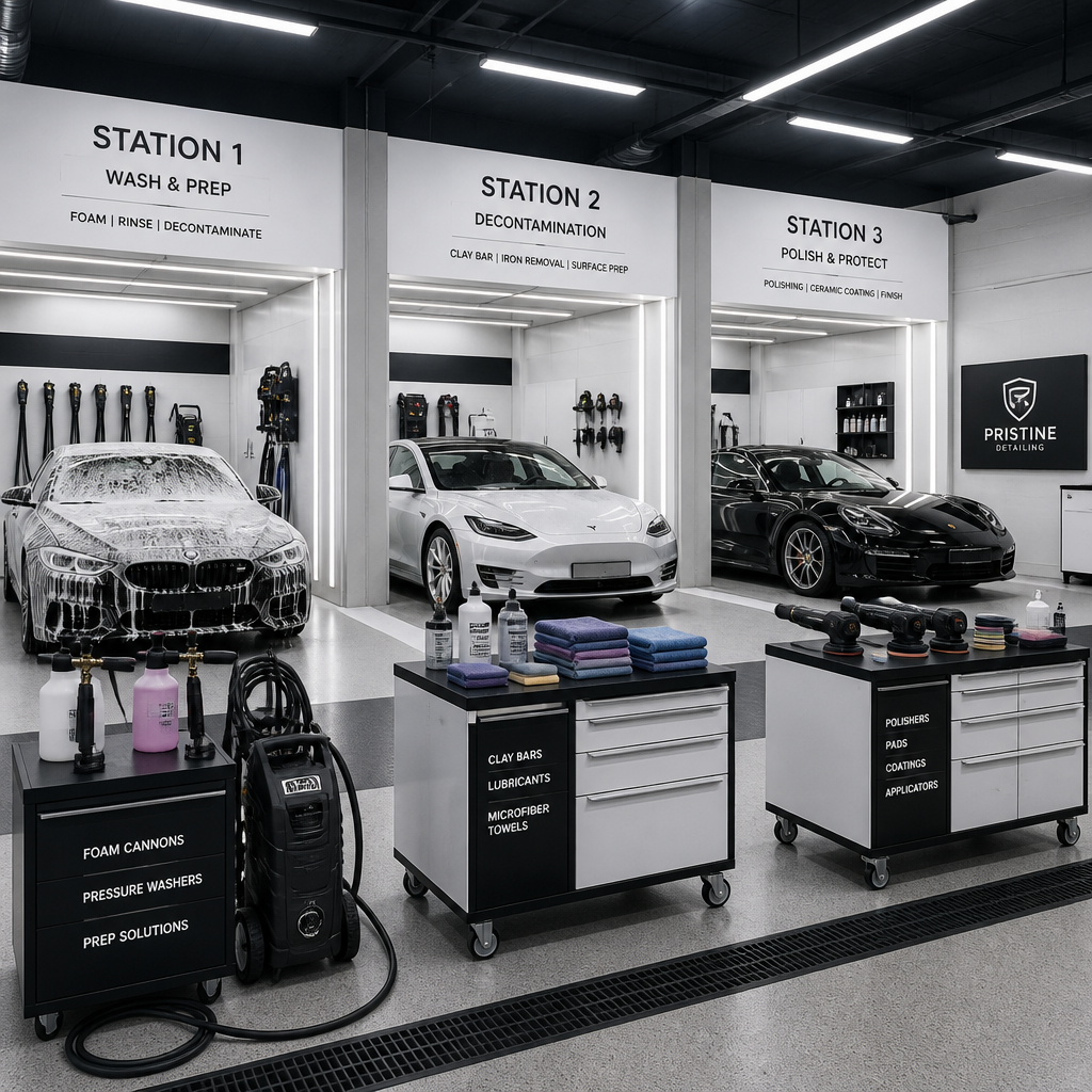 Step-by-step detailing process workflow stations in a professional auto shop