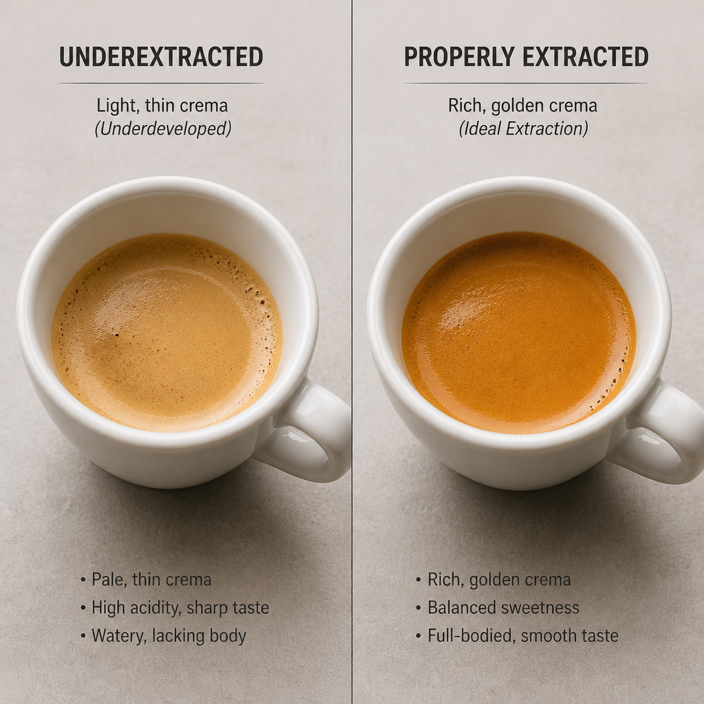 Two espresso shots compared to demonstrate the difference between underextracted and properly extracted espresso.