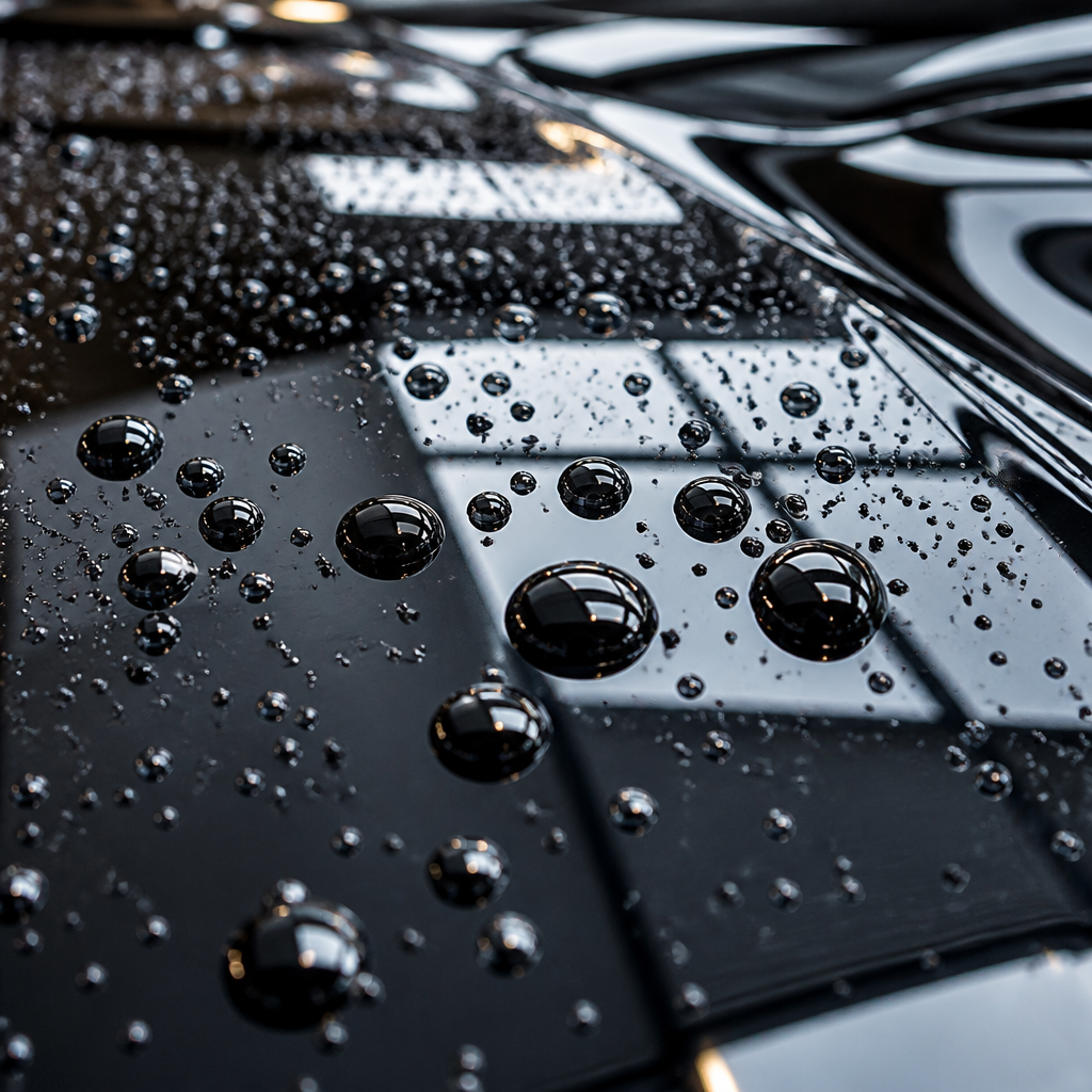 Perfect ceramic coating finish with hydrophobic water beading effect on car paint