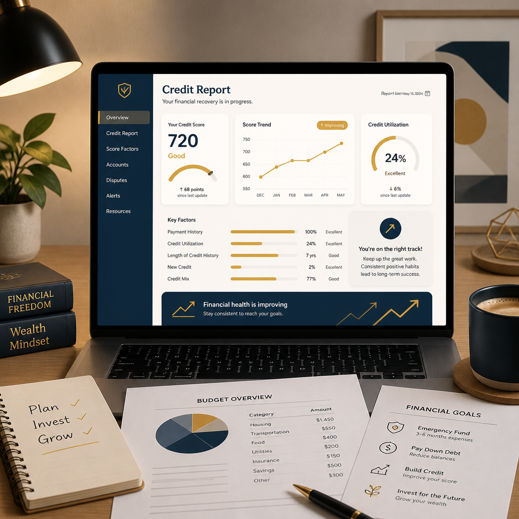 Digital financial dashboard showing credit metrics and upward progress indicators on laptop screen