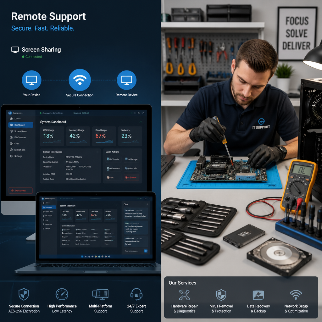 Split-screen comparison of remote IT support dashboard versus physical technician workspace