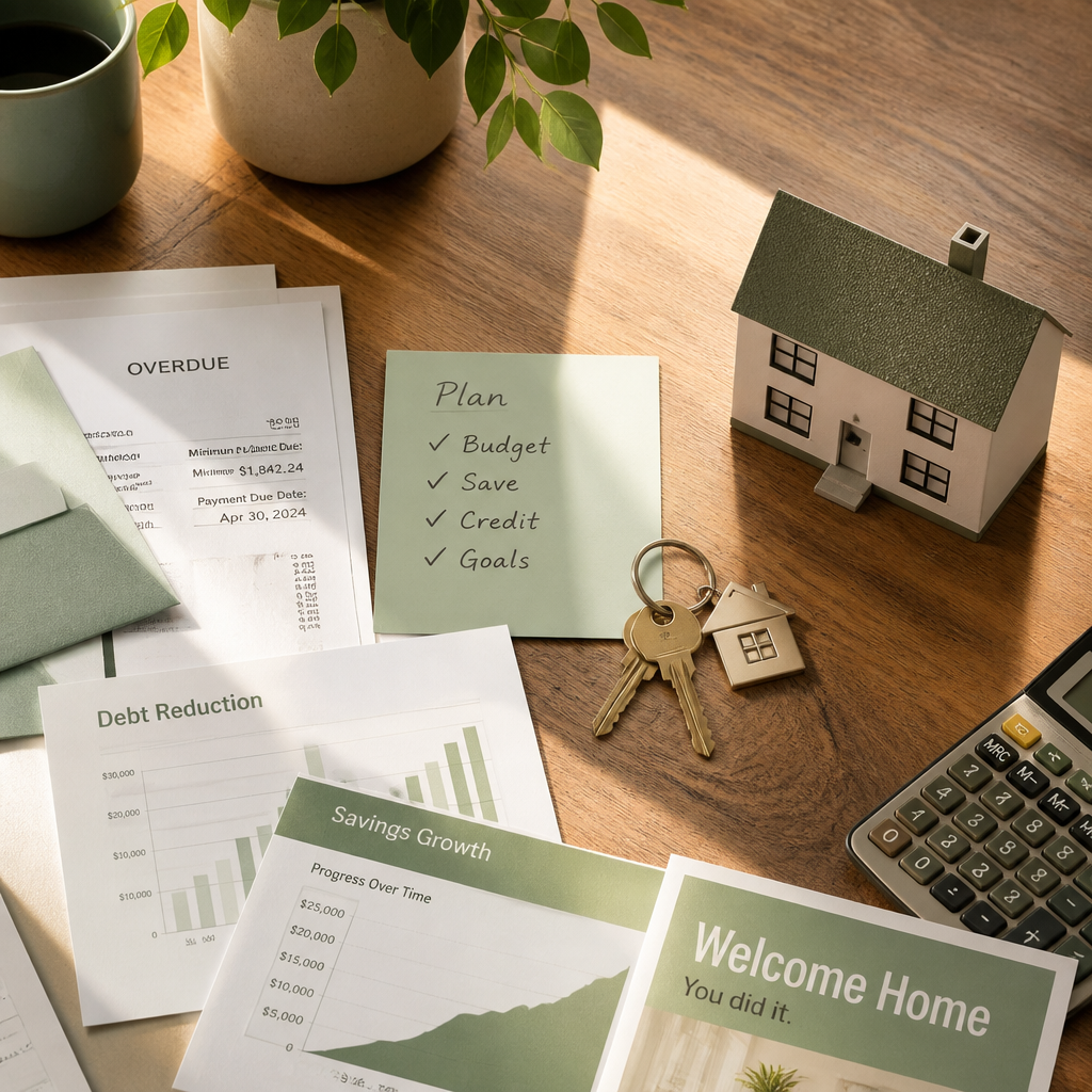 Overhead flat-lay of financial documents, house keys, and miniature model home on wooden desk