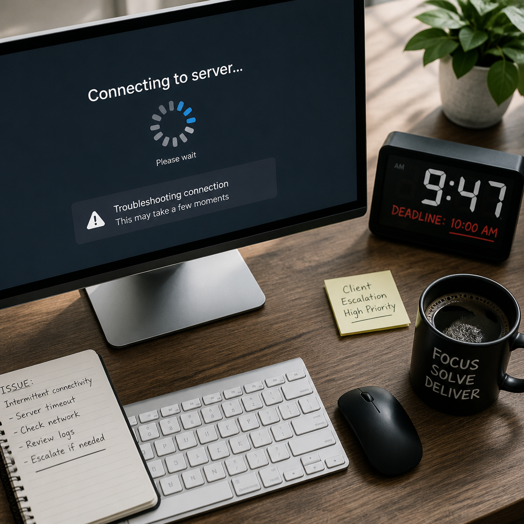 Overhead desk view with monitor and time-pressure symbols representing urgent IT support scenarios