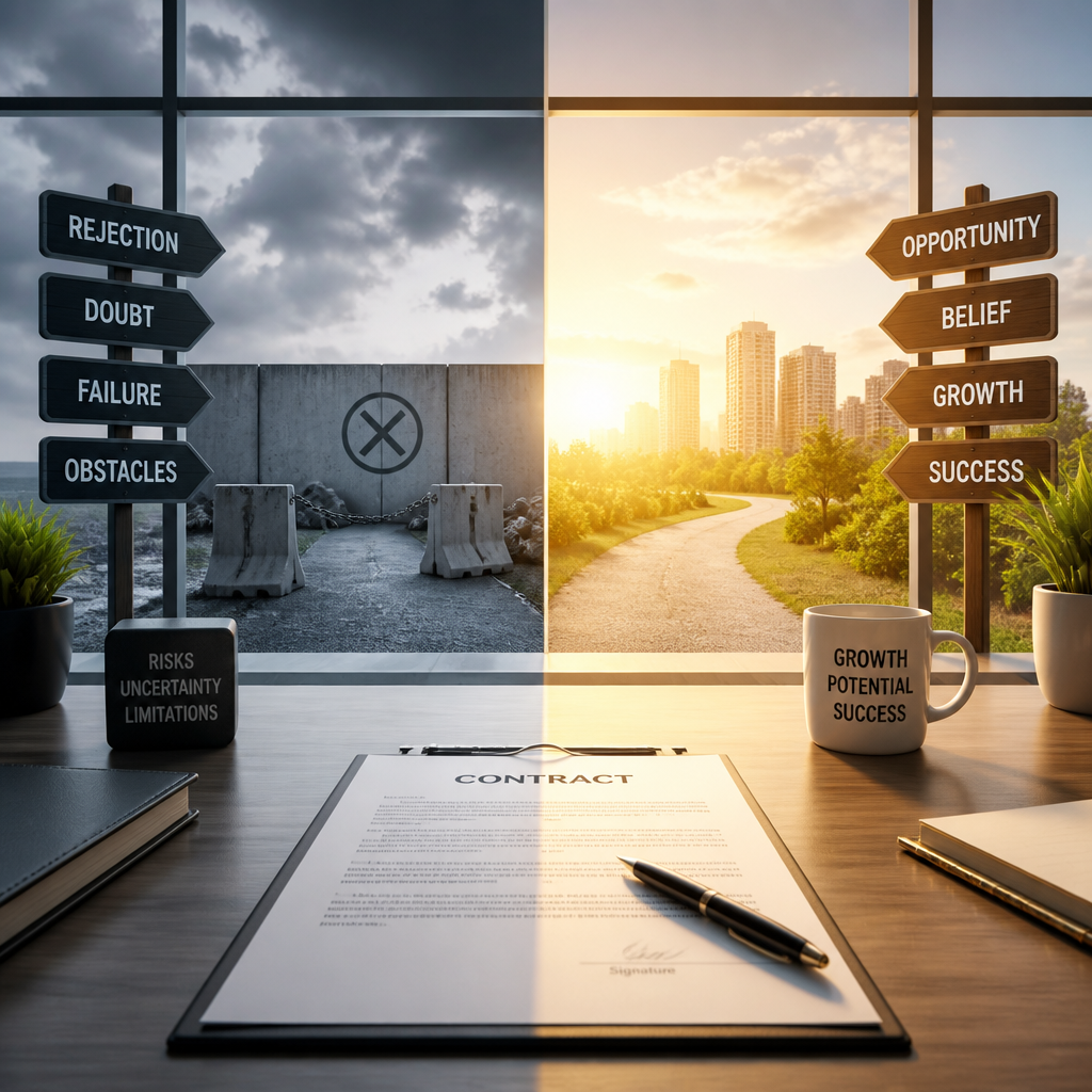 Symbolic desk arrangement representing contrasting paths of mortgage rejection versus approval pathways