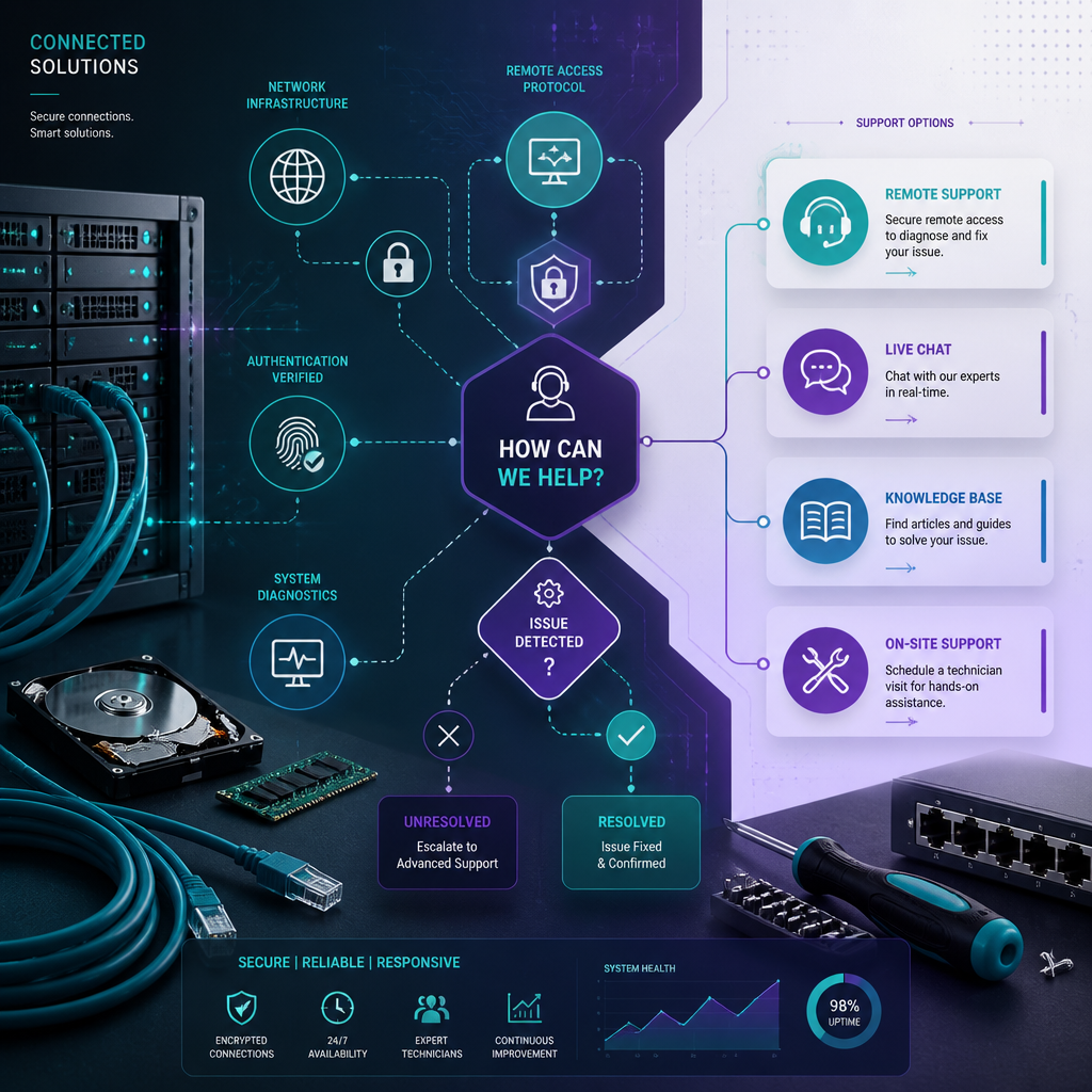 Abstract visualization of hybrid IT support network connecting remote and on-site solutions