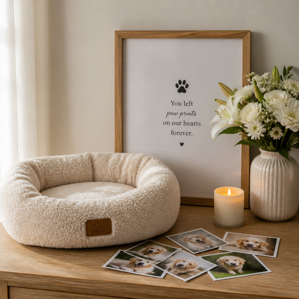 A peaceful pet memorial display with photos, flowers, and candlelight