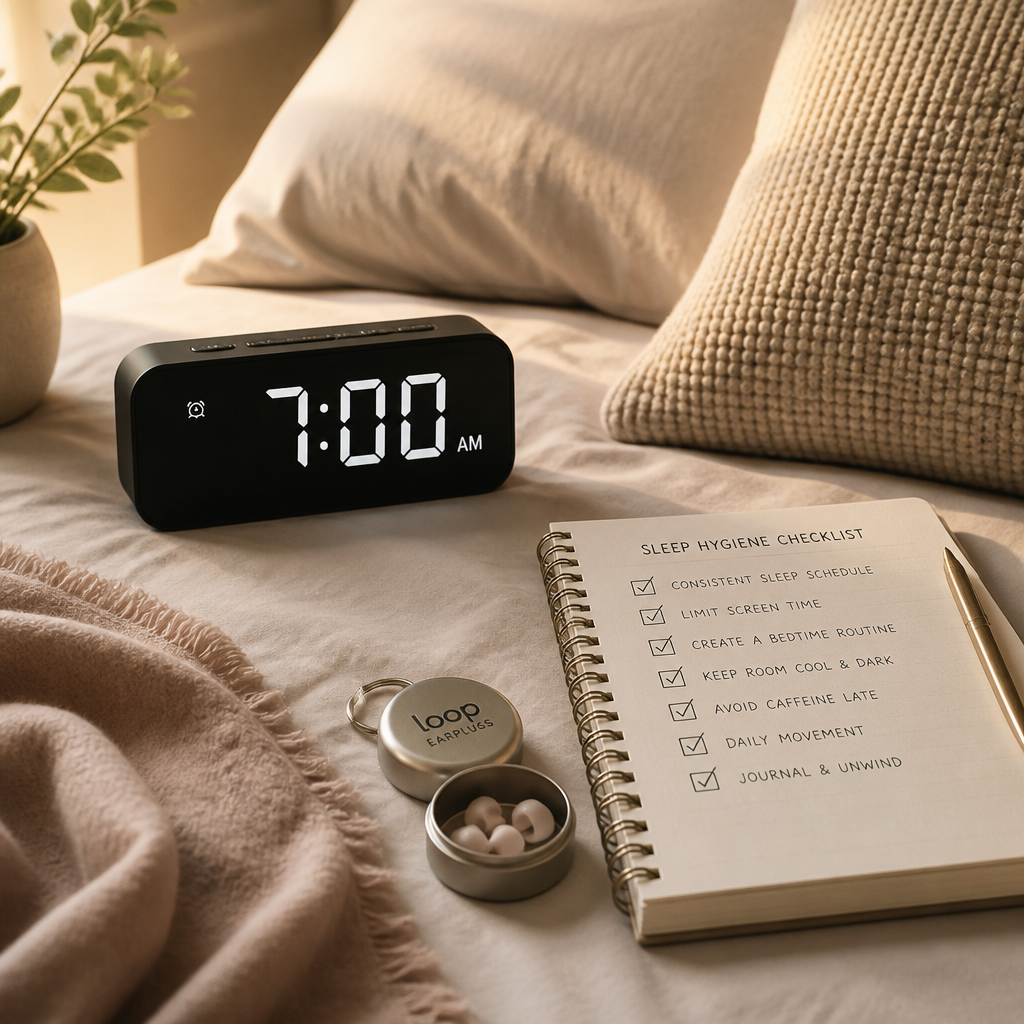 Sleep hygiene essentials including alarm clock, checklist, and reusable earplugs arranged on a bed