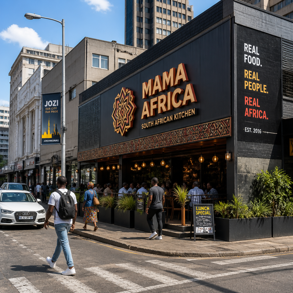 Street view of a restaurant storefront with prominent signage attracting pedestrian traffic