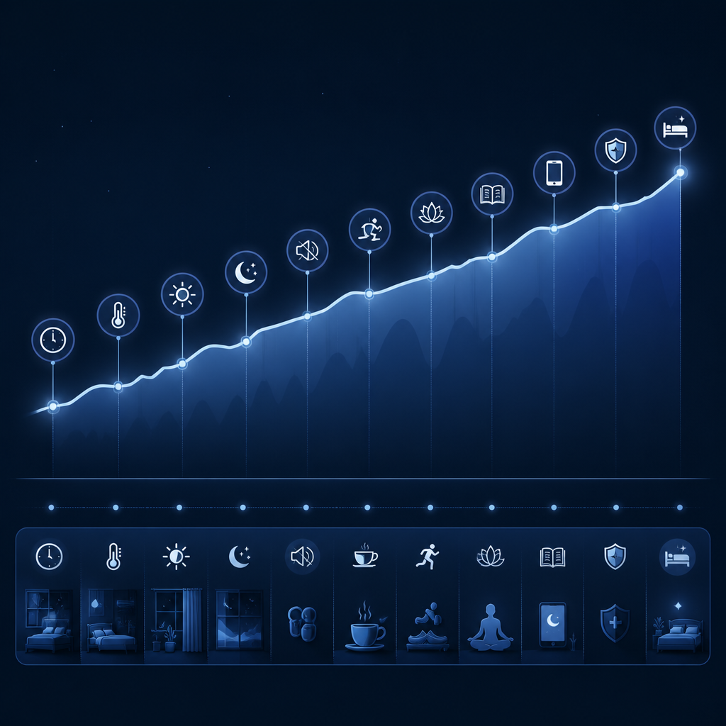 Sleep quality improvement timeline with icons representing 12 science-backed habits