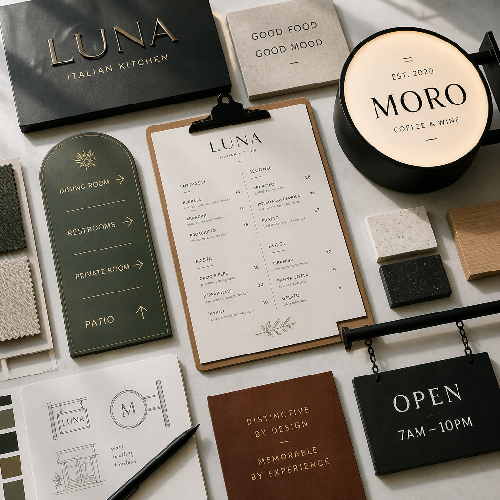 Collection of restaurant signage design samples and mockups displayed on a workspace