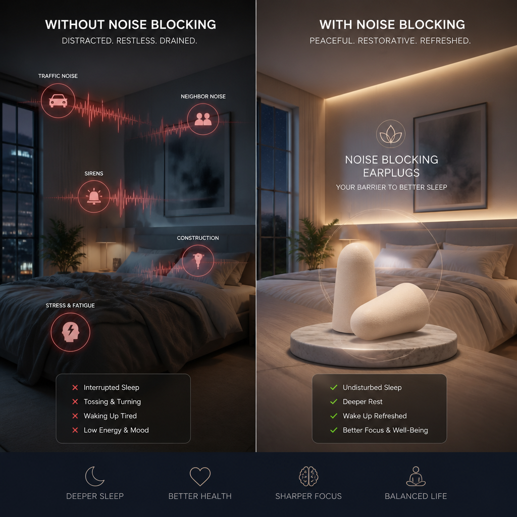Before and after bedroom comparison showing noise control transformation for sleep