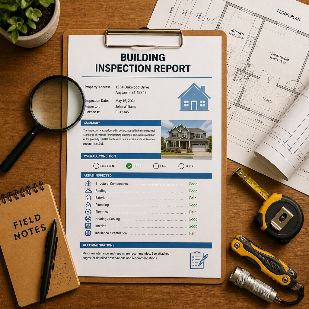 Document d'expertise bâtiment avec outils d'inspection professionnels