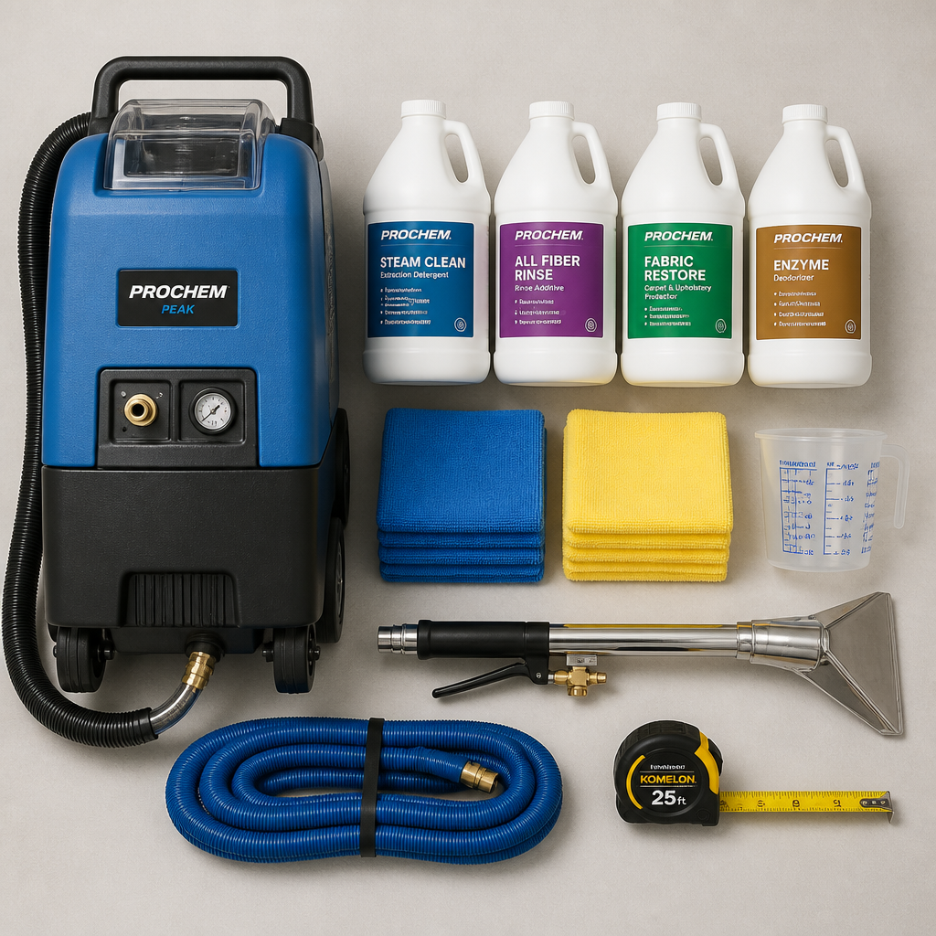 Array of professional carpet cleaning tools and equipment for commercial use