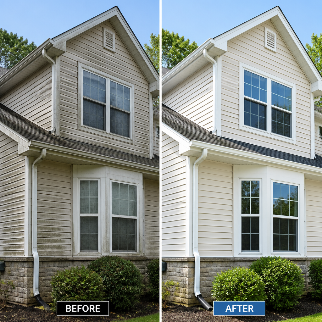 Before and after comparison of a house exterior showing the results of professional home detailing