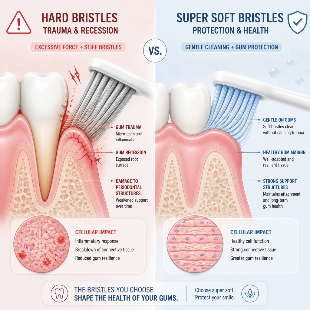 Split-screen diagram comparing gum tissue health between standard and super soft toothbrush bristles