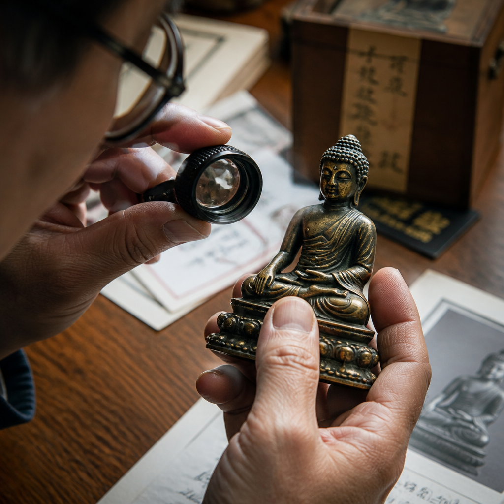 Collector examining Buddha statue details with magnifying loupe under natural light