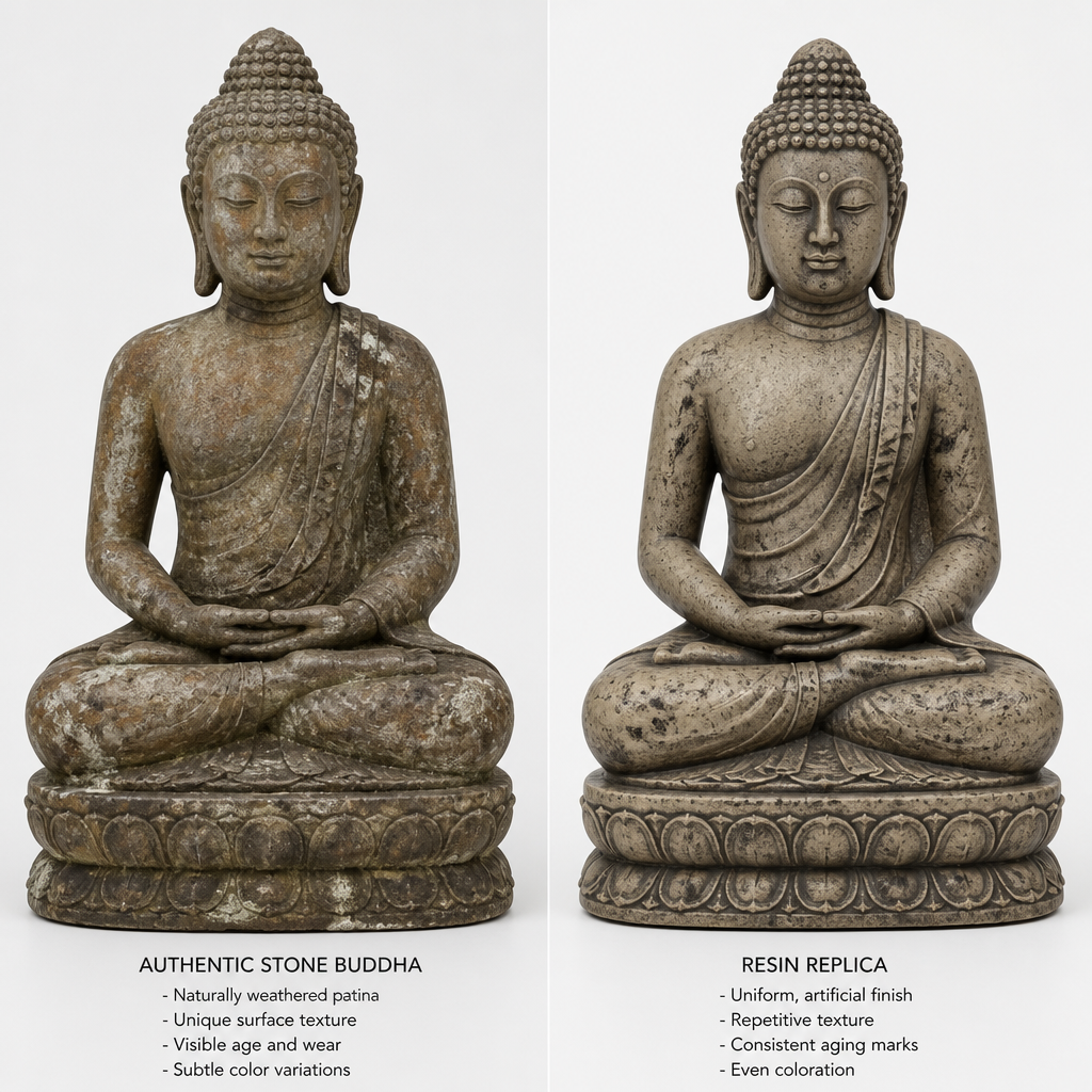 Side-by-side comparison of authentic and fake Buddha statues showing texture differences