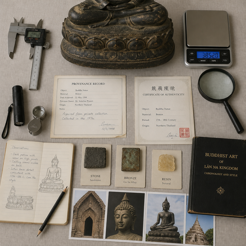 Collection of Buddhist art authentication tools and reference materials arranged for study