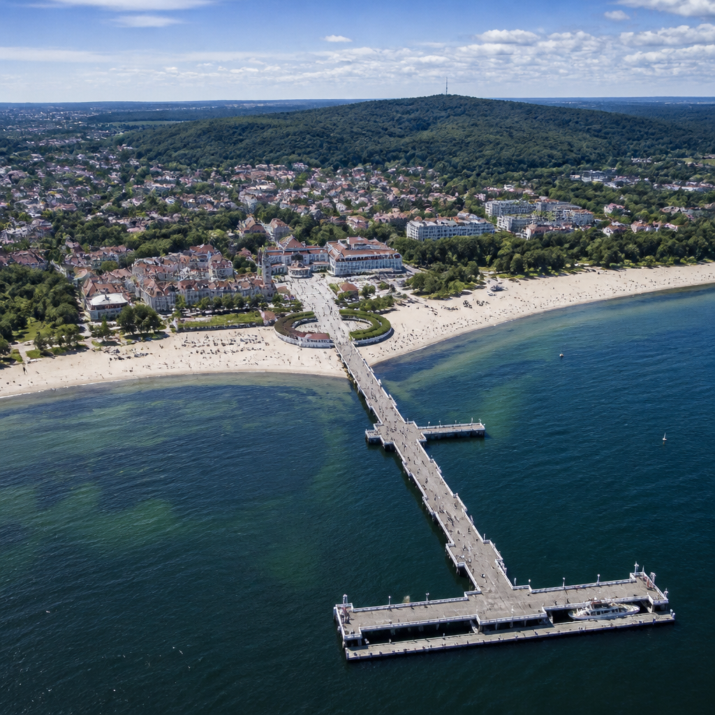Lot helikopterem nad Molo w Sopocie i plażą z perspektywy powietrznej