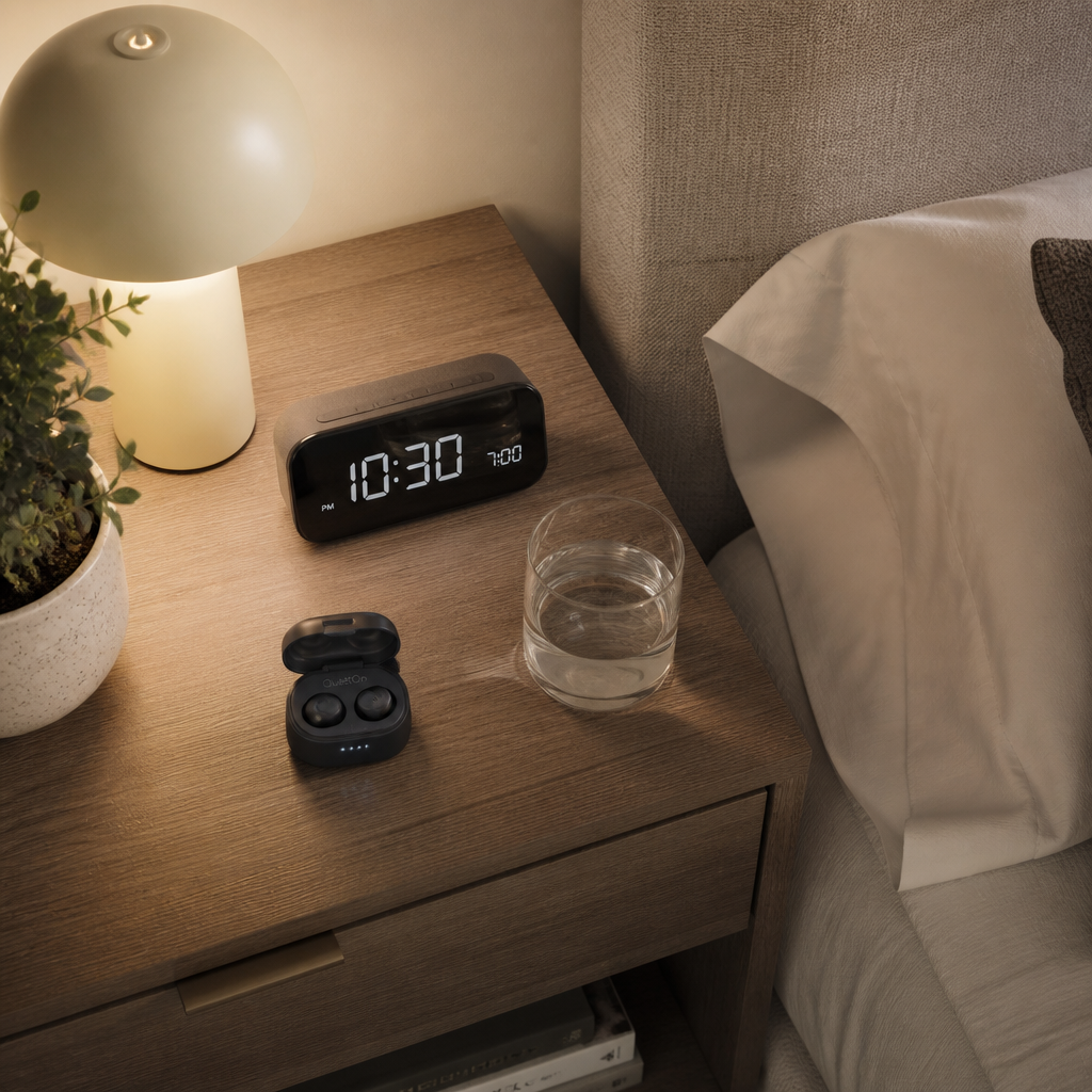 Bedside nightstand scene with premium ear plugs ready for use