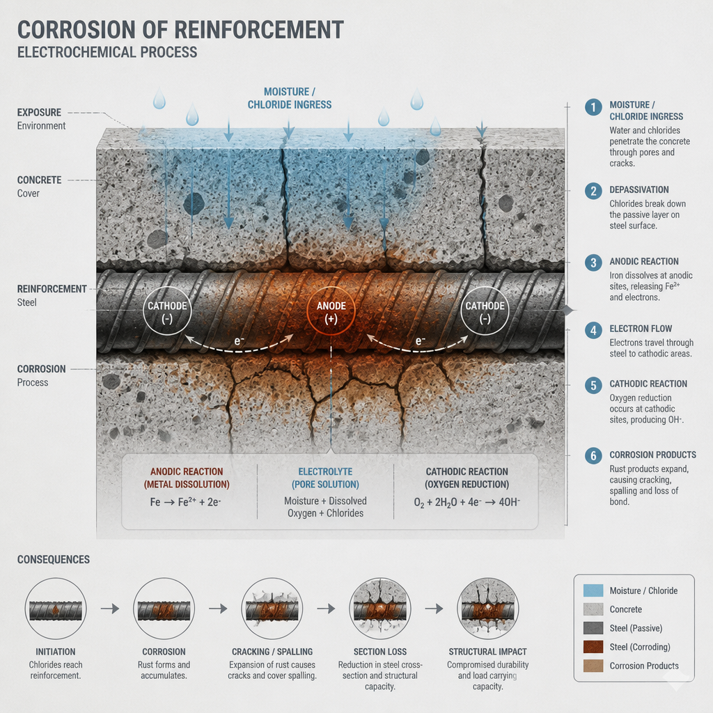 Visualisation du processus électrochimique de corrosion des armatures