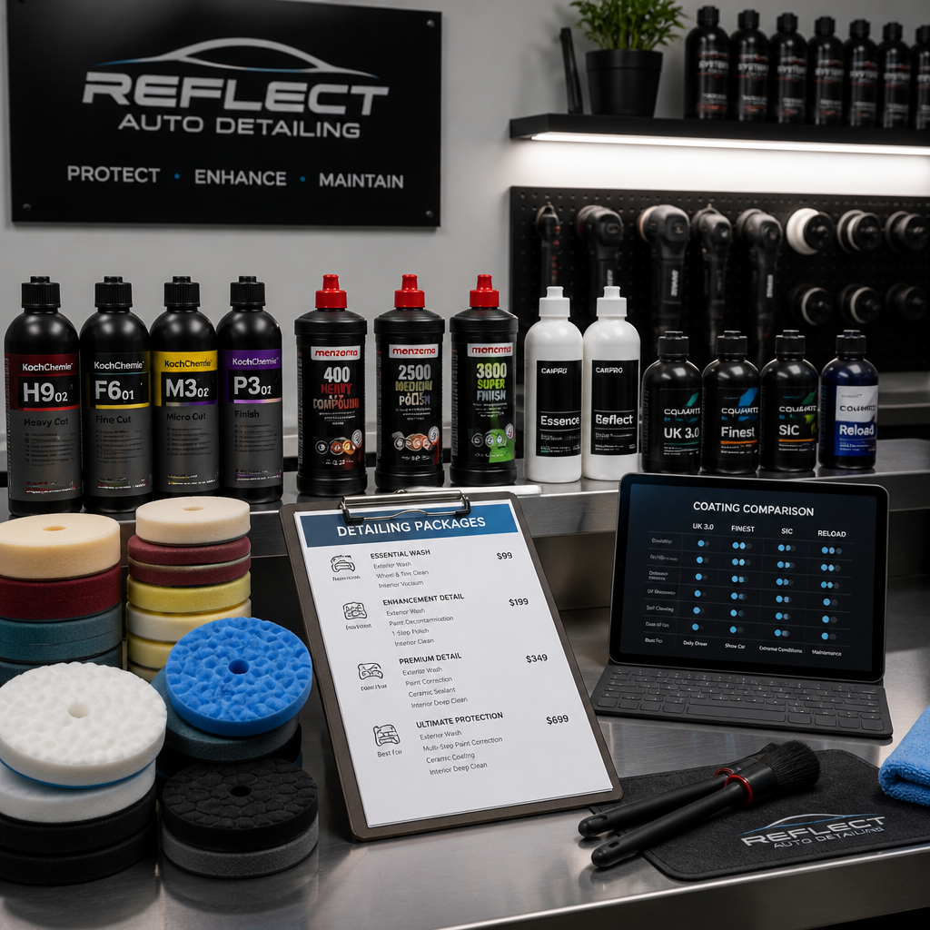 Professional detailing products and tools organized on workbench with comparison materials