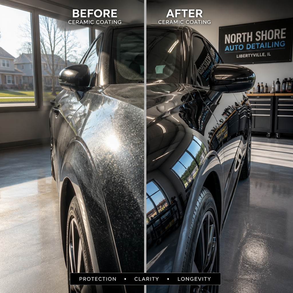 Before-and-after comparison of car paint showing oxidized finish versus restored glossy ceramic-coated surface