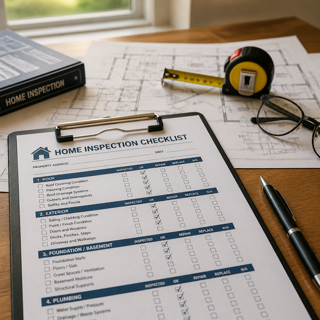 Home inspection checklist and architectural documents on a wooden desk with inspection tools
