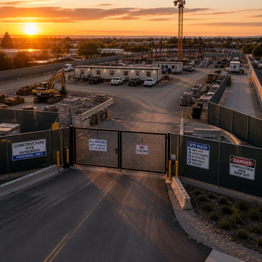 Construction site perimeter with fencing and security gates at dusk