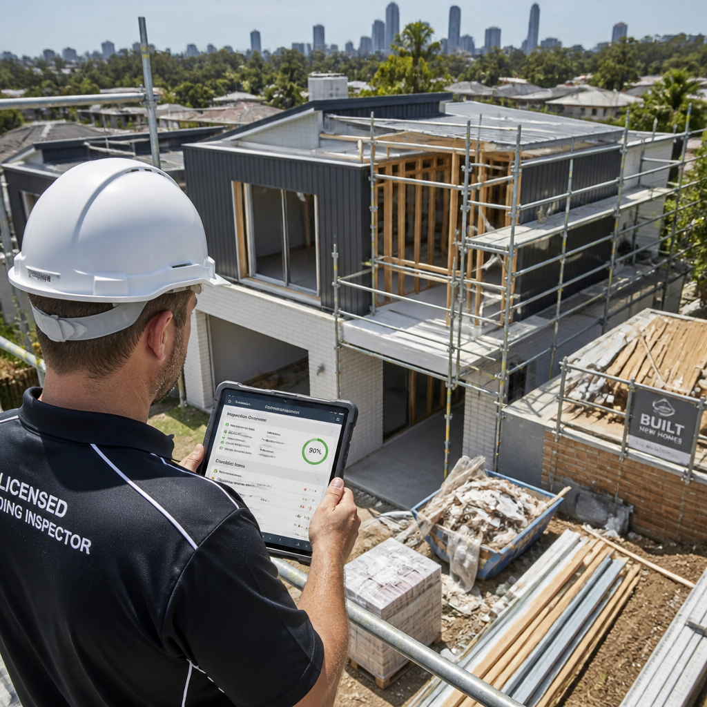 Licensed home inspector reviewing new construction site with digital inspection tablet at Brisbane property