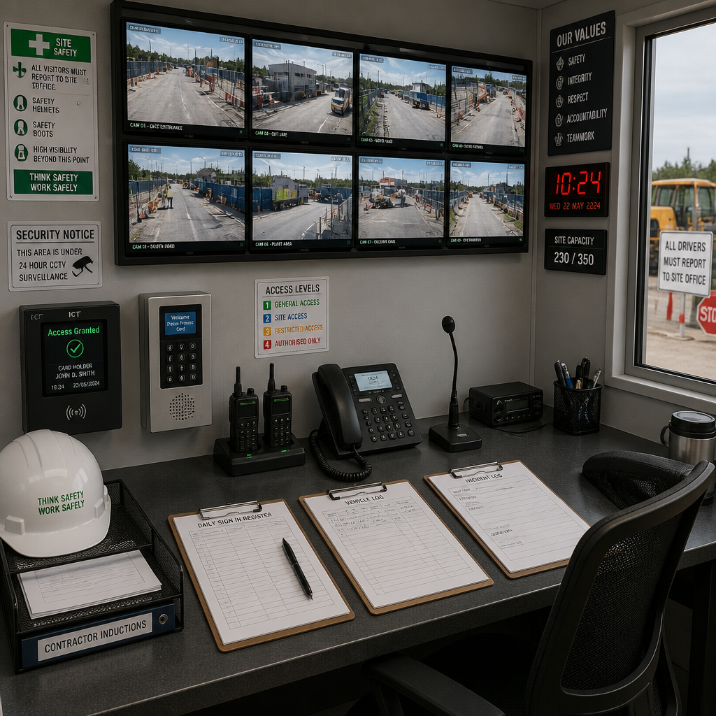 Construction site gatehouse control room with CCTV monitors and access control systems