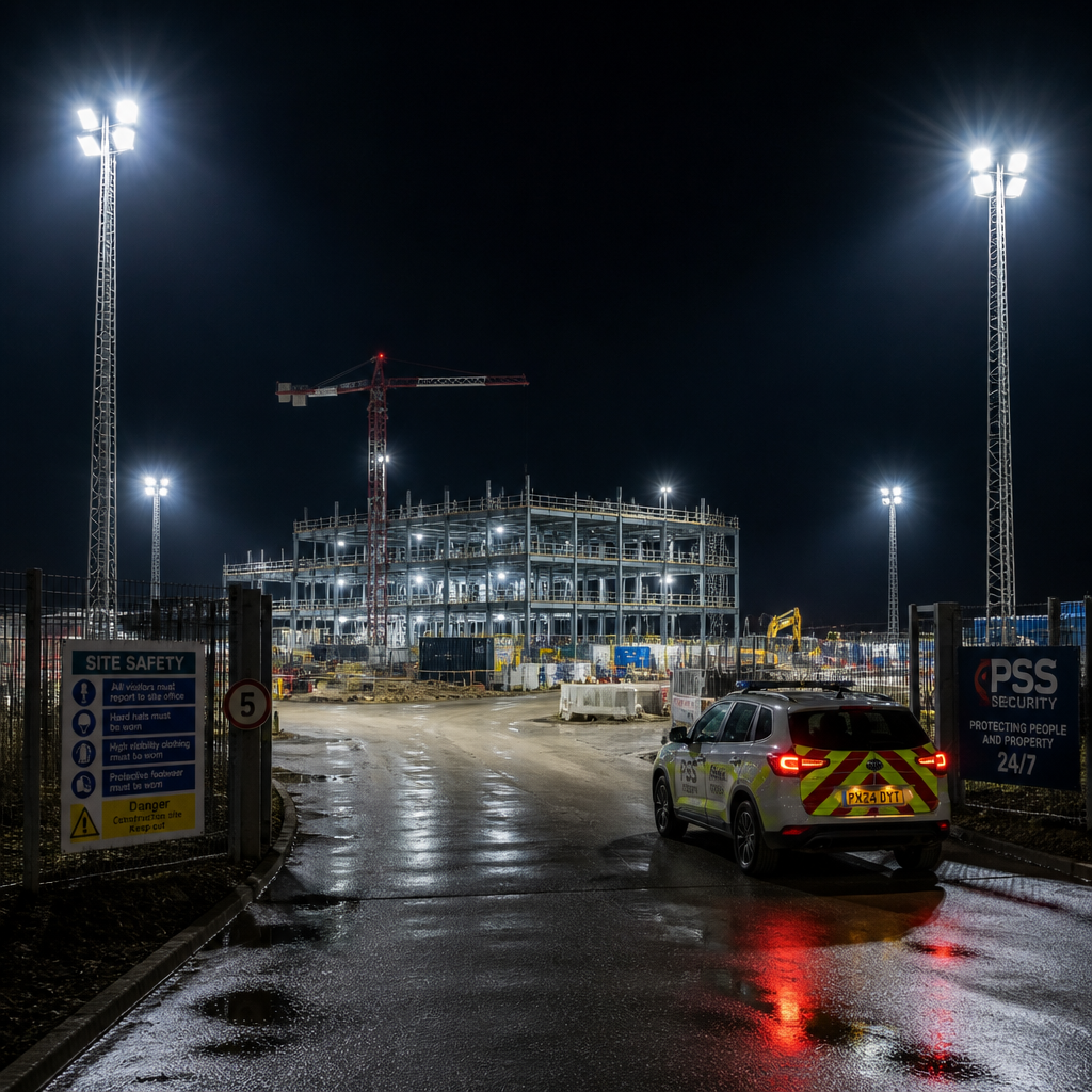 Construction site at night with security lighting and patrol vehicle