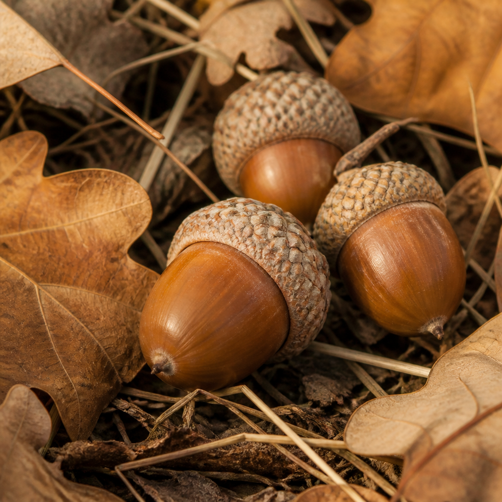 Bellotas caídas en el suelo del bosque rodeadas de hojas de encina