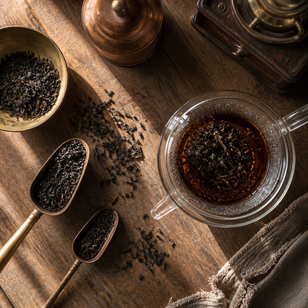 Premium loose leaf black tea with vintage brewing equipment arranged on wooden surface
