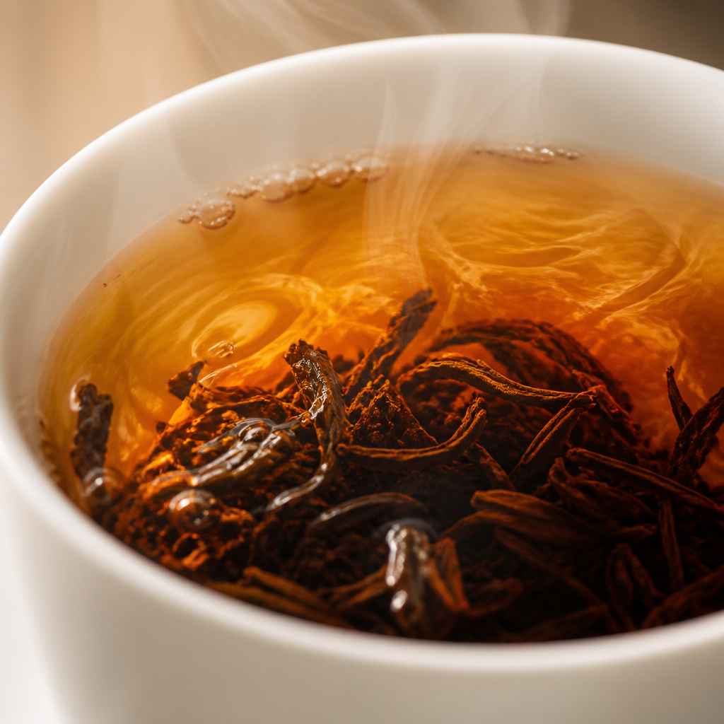 Dark black tea leaves steeping in hot water in a white porcelain cup