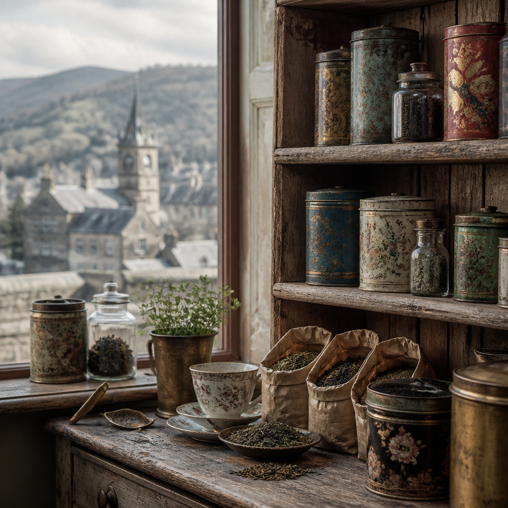 Heritage tea collection on vintage shelving with Kendal landscape visible through window