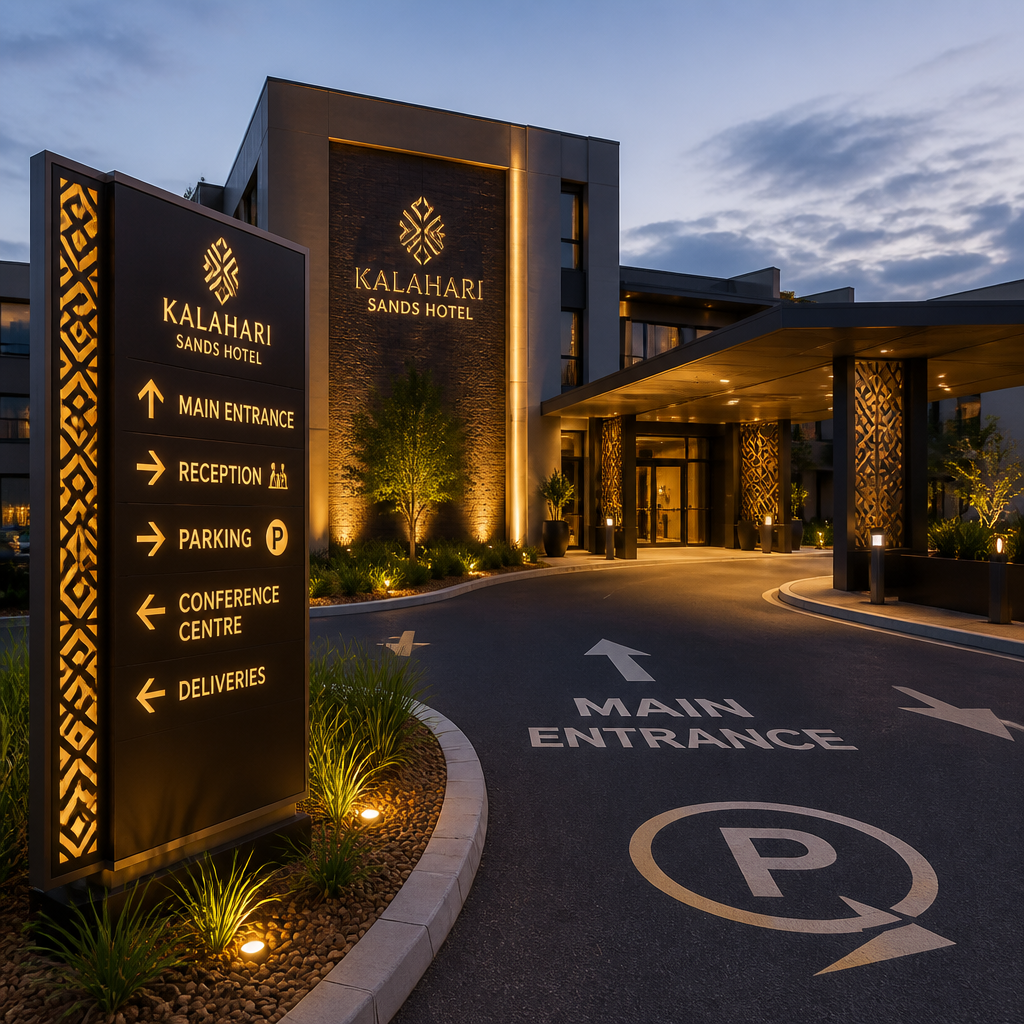 Hotel exterior signage directing guests to entrance and parking