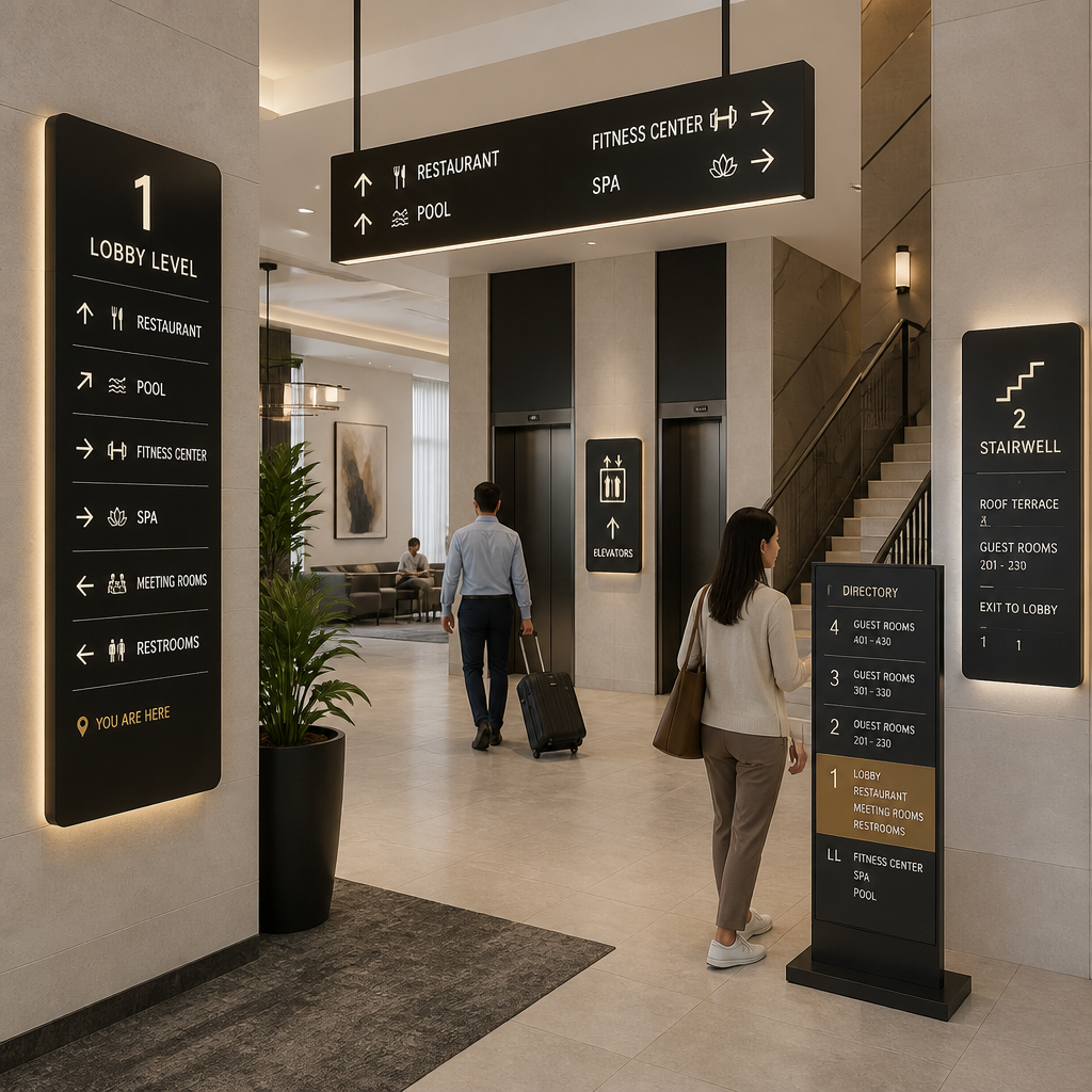 Hotel lobby with comprehensive wayfinding and directional signage system