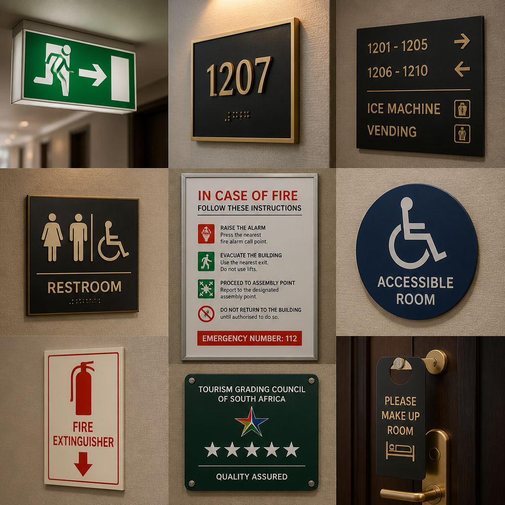 Hotel safety and regulatory signage compliance display