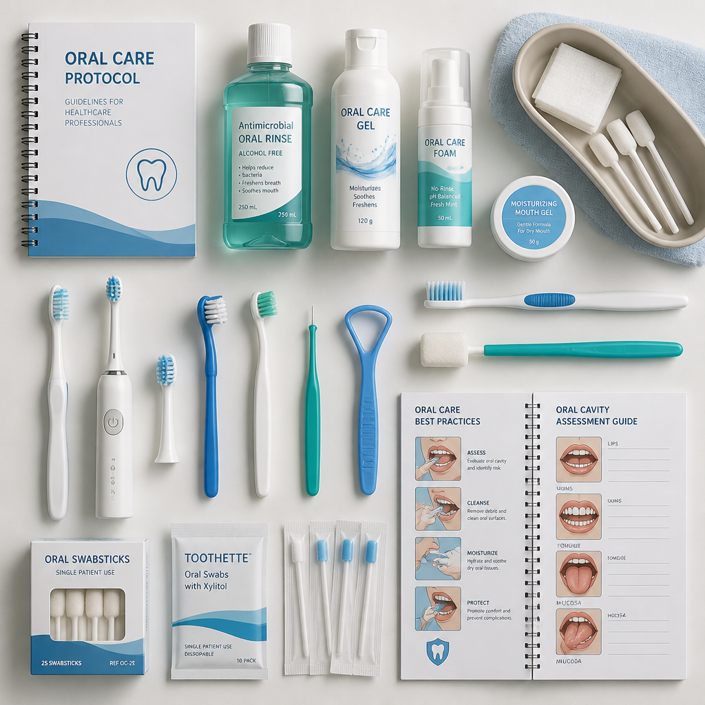 Flat lay of hospital oral care products and educational materials