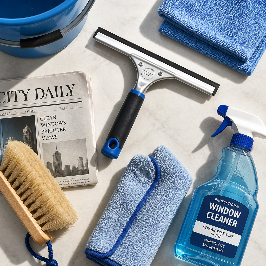 Window cleaning tools and supplies neatly arranged on a surface