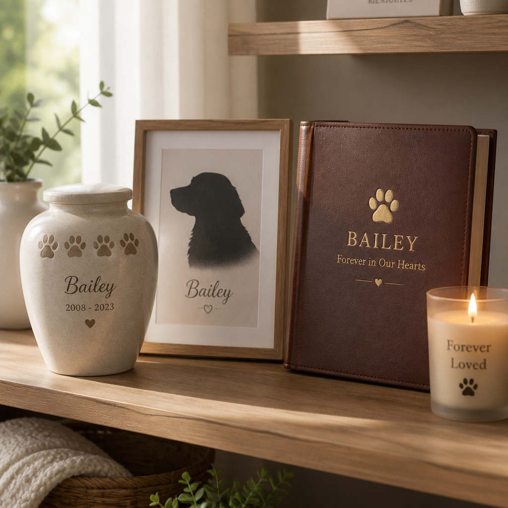 Collection of personalized pet memorial gifts displayed on a wooden shelf