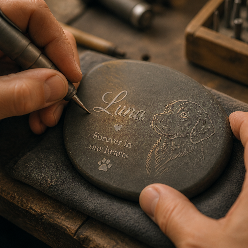 Hands engraving a personalized pet memorial gift with fine detail work