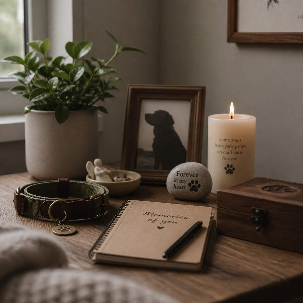 A thoughtfully arranged personal pet memorial corner with keepsakes and momentos