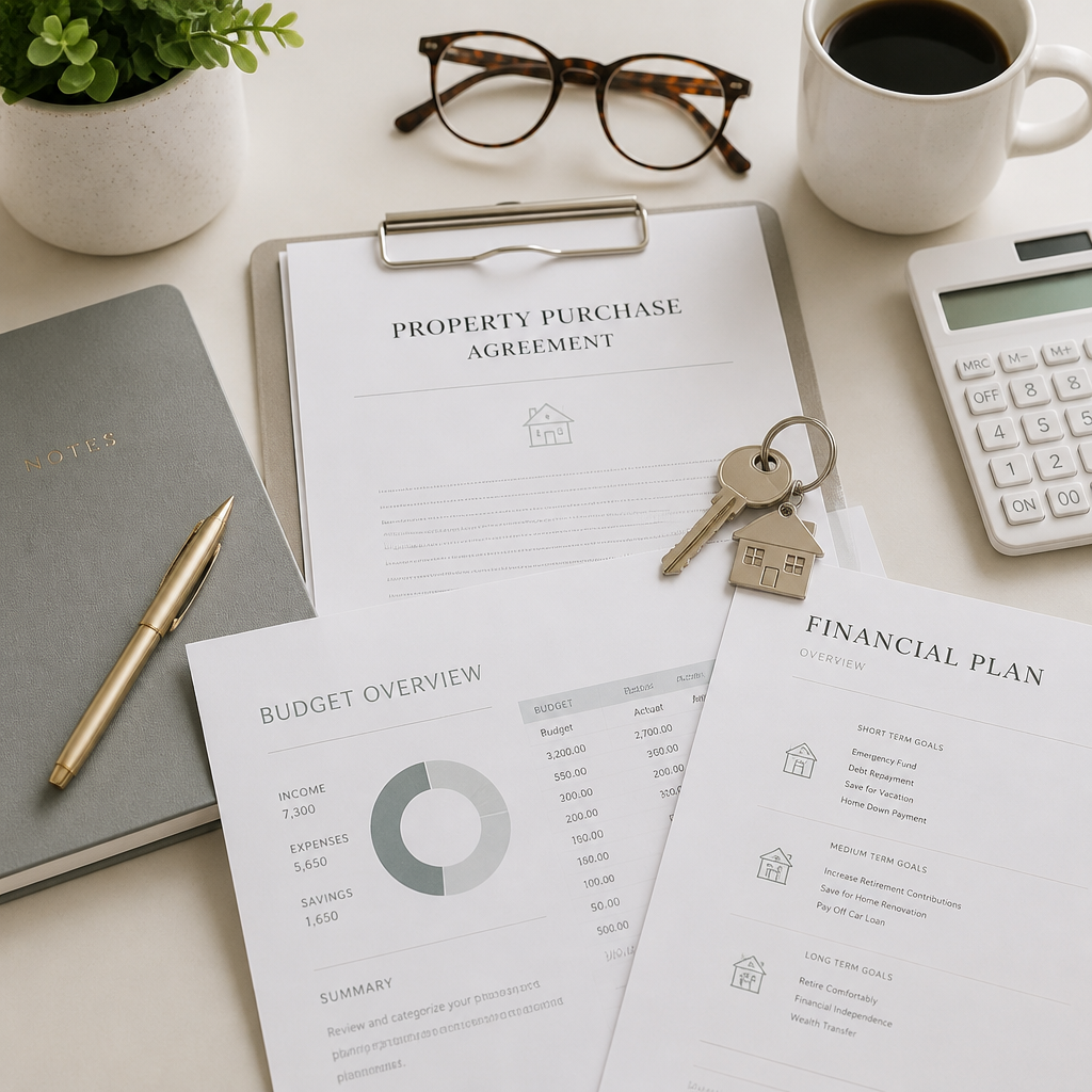 First-time homebuyer documents and planning materials on a workspace desk