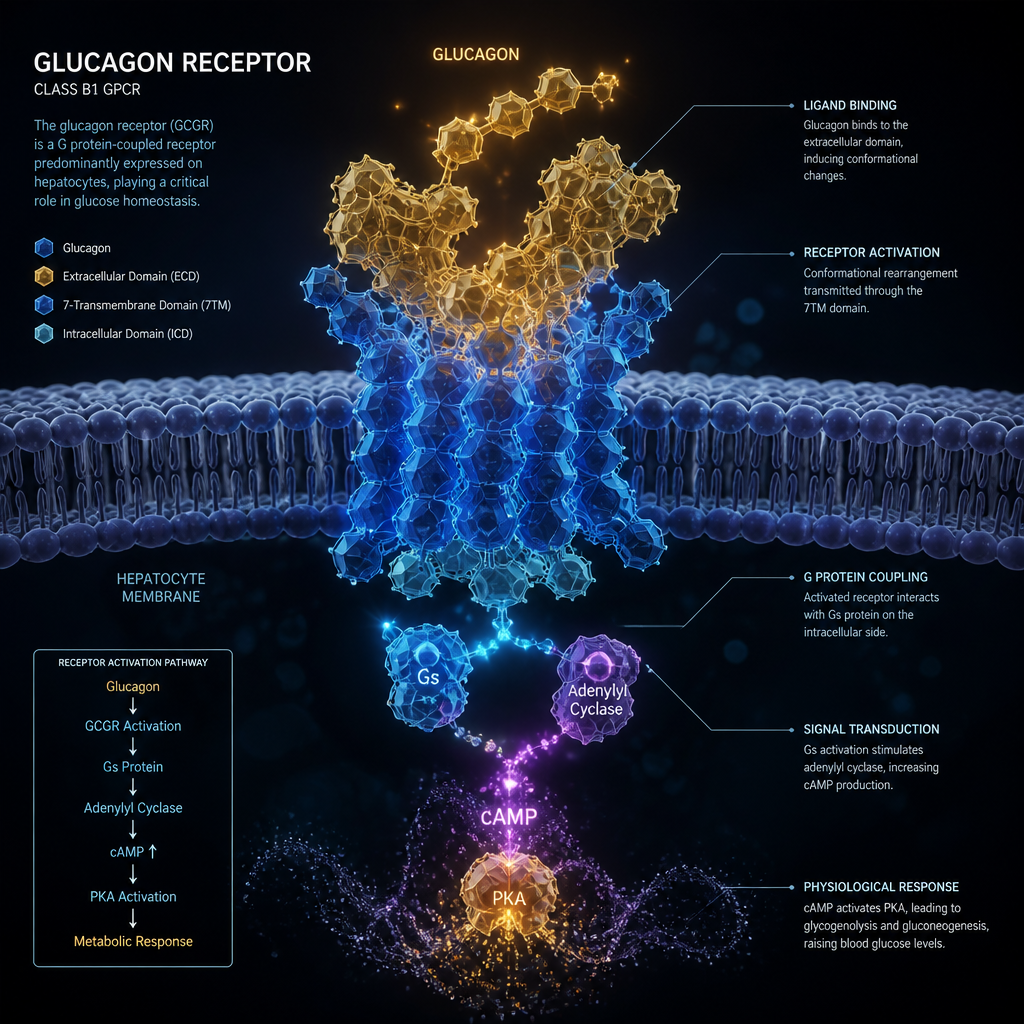 3D molecular model of glucagon receptor activation on liver cell membrane with glowing pathway visualization