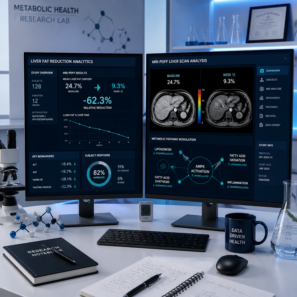 Clinical research workspace with liver fat reduction data and metabolic analysis displayed on screens