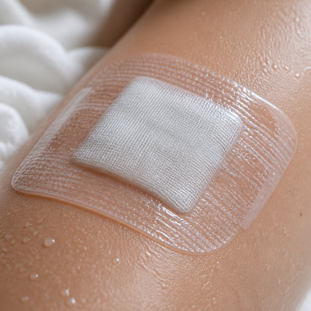 Close-up view of properly bandaged skin during laser treatment recovery with minimal aftercare application