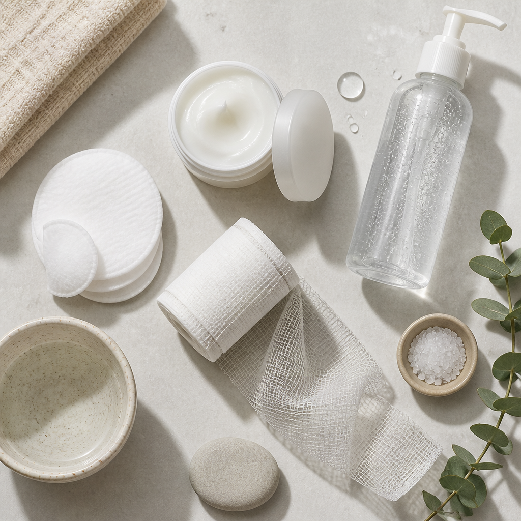 Arranged aftercare products and supplies for tattoo removal healing routine