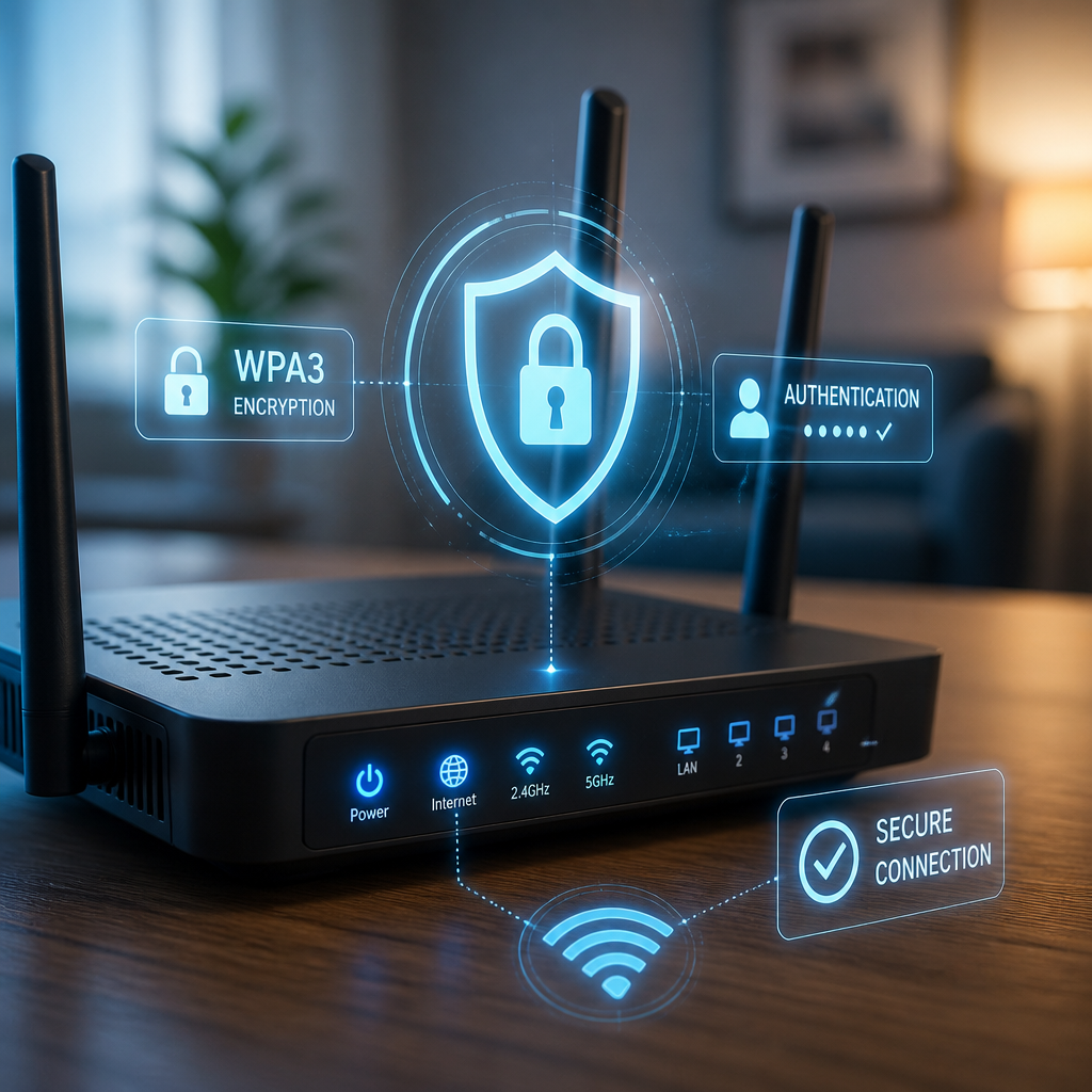 WiFi-router med sikkerhedssymboler som indikation af hjemmenetværksbeskyttelse